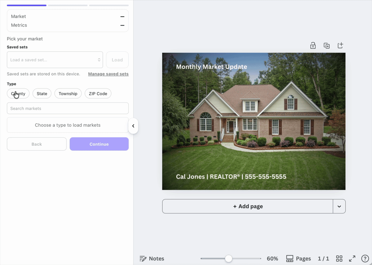 Preview: Select market → pick 2–3 metrics → insert bundle → cards appear in Canva