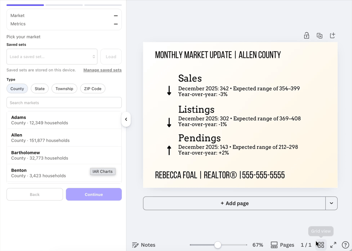 Preview: Select market → pick 1–3 metrics for text summary